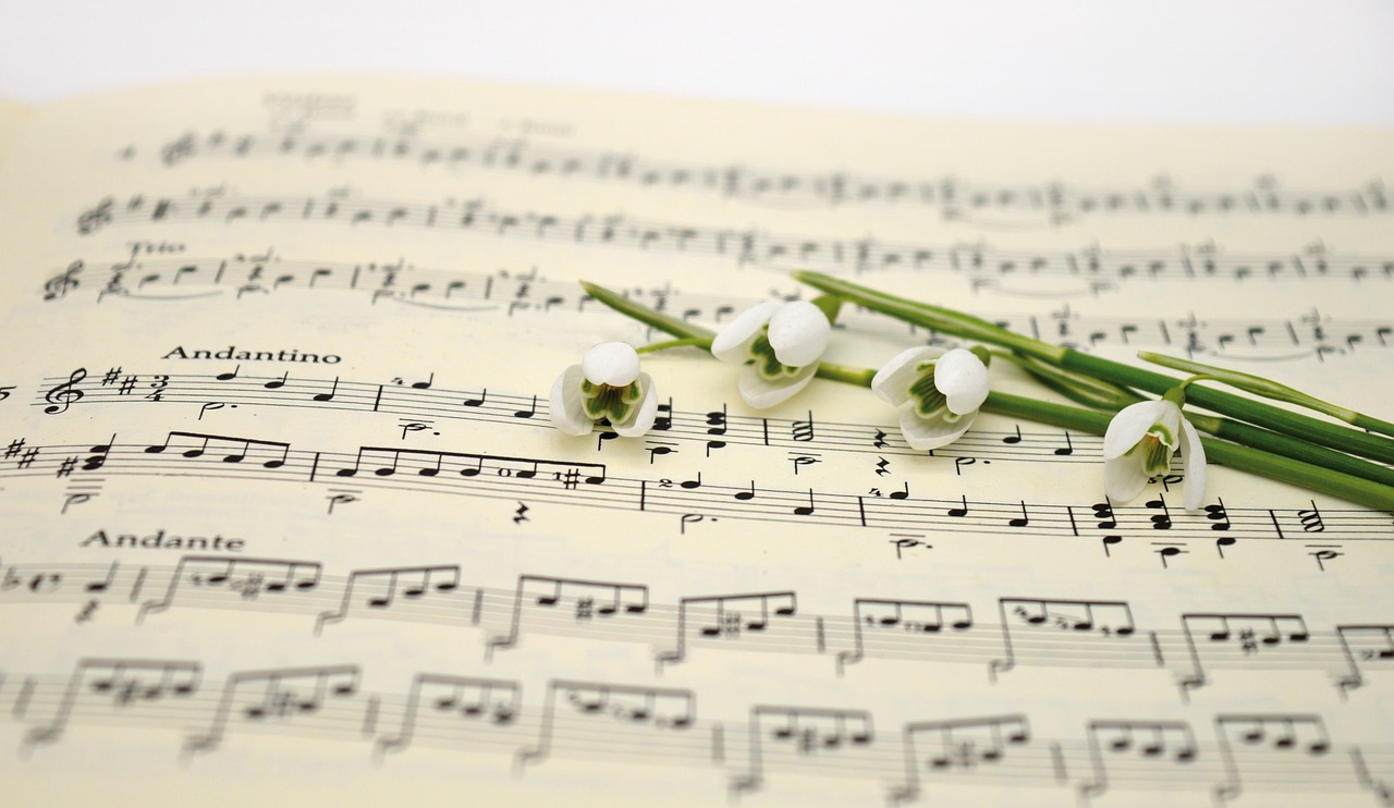 Foto di uno spartito musicale con un fiore sopra
