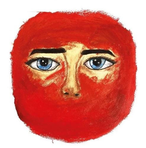 Immagine di un volto rosso con occhi azzurri