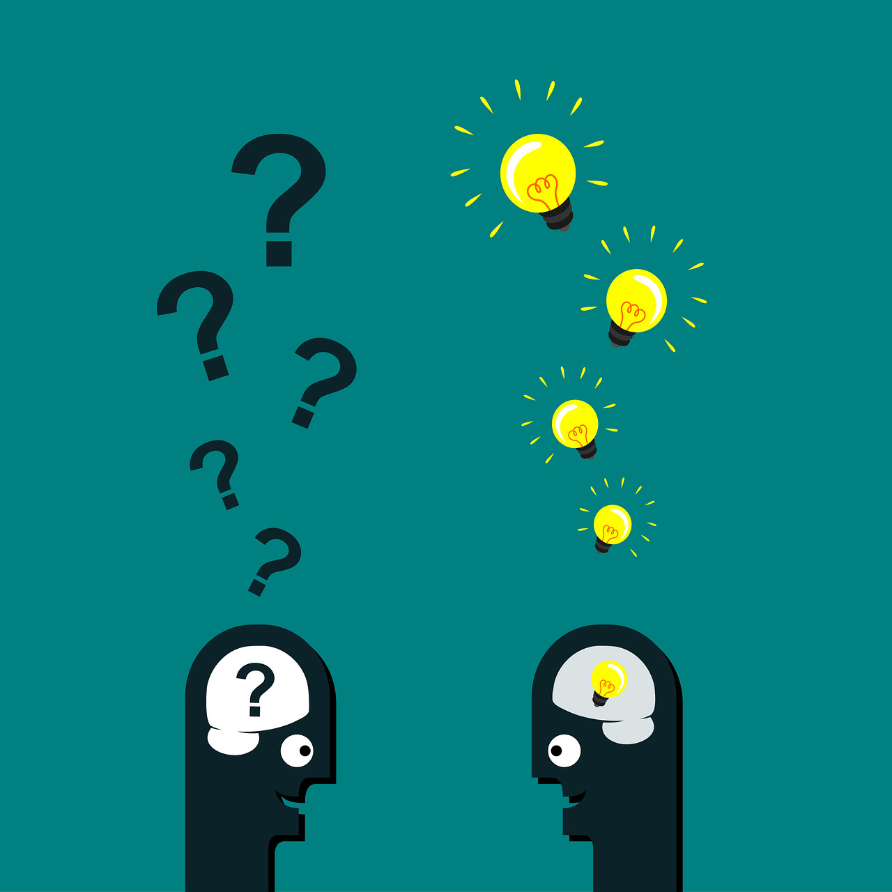 Immagine grafica di punti interrogativi e lampadine accese