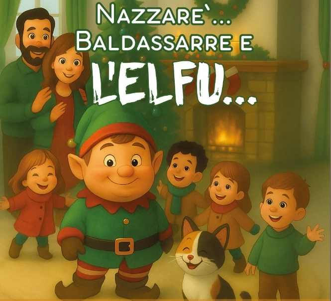 Immagine natalizia con un elfo, un uomo, una donna, quattro bambini e un cane